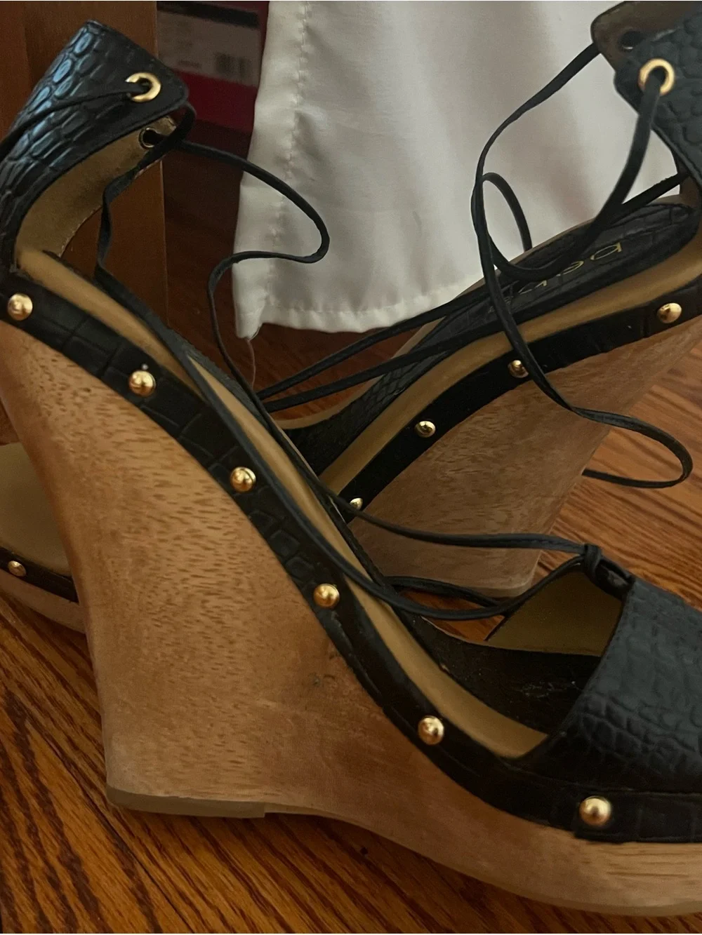 bebe Black Lace-Up Cork Wedge Sandals with Gold Studs